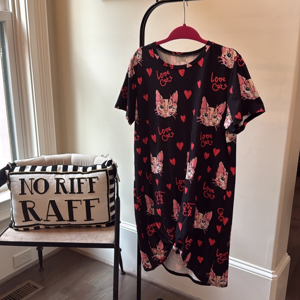 Spicy Black Cat Print dress with Red Hearts!